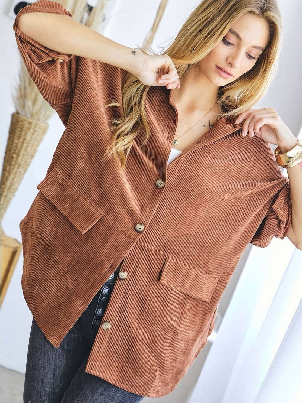 DAVI & DANI Corduroy Button-Front Shirt Jacket in Rust